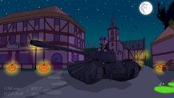 Size: 1280x720 | Tagged: safe, imported from derpibooru, twilight sparkle, pony, unicorn, clothes, costume, dracula, dracula (tank), halloween, halloween costume, holiday, jack-o-lantern, mare in the moon, mlp fim's twelfth anniversary, moon, night, pumpkin, red eyes, tank (vehicle), text, world of tanks, world of tanks blitz