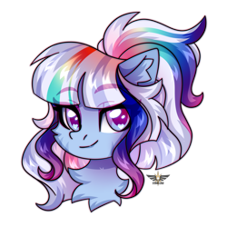 Size: 2500x2500 | Tagged: safe, artist:fluffywhirlpool, imported from derpibooru, oc, oc only, earth pony, pony, bust, chest fluff, commission, earth pony oc, eyebrows, eyebrows visible through hair, female, gradient eyes, heart, heart eyes, looking at you, mare, multicolored hair, multicolored mane, ponytail, portrait, rainbow hair, simple background, smiling, smiling at you, solo, transparent background, wingding eyes