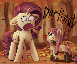 Size: 1438x1200 | Tagged: safe, artist:krista-21, imported from derpibooru, rarity, sweetie belle, pony, unicorn, autumn, blank flank, cute, darling, diasweetes, dirty, duo, emanata, female, filly, foal, horrified, leaf, mare, messy mane, mouth hold, mud, muddy, open mouth, siblings, sisters