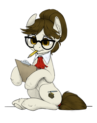 Size: 1752x2216 | Tagged: safe, artist:taytinabelle, color edit, edit, editor:maonyman, imported from derpibooru, writing desk, earth pony, pony, clipboard, colored, cute, ear fluff, female, glasses, hair bun, heart, hoof heart, mare, monochrome, mouth hold, necktie, not raven, pencil, simple background, sitting, sitting up, sketch, solo, underhoof, unshorn fetlocks, upside-down hoof heart, white background