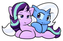 Size: 812x523 | Tagged: safe, artist:zutcha, imported from derpibooru, starlight glimmer, trixie, pony, unicorn, duo, female, lesbian, lying down, mare, prone, shipping, simple background, smiling, startrix, white background