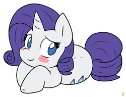 Size: 915x704 | Tagged: safe, artist:zutcha, imported from derpibooru, rarity, pony, unicorn, blush sticker, blushing, female, looking away, lying down, mare, no pupils, simple background, smiling, solo, white background