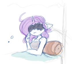 Size: 951x843 | Tagged: safe, artist:zutcha, imported from derpibooru, rarity, anthro, unicorn, bed, female, in bed, messy hair, messy mane, pillow, solo