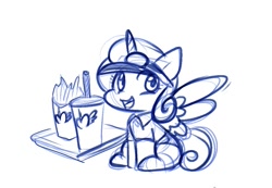 Size: 1105x763 | Tagged: safe, artist:zutcha, imported from derpibooru, princess flurry heart, alicorn, pony, clothes, female, food, french fries, hat, mcflurry, namesake, open mouth, open smile, princess mcflurry, pun, shirt, simple background, sketch, smiling, solo, spread wings, visual pun, white background, wings