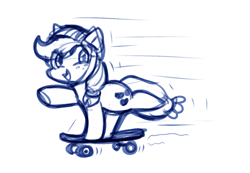 Size: 1251x866 | Tagged: safe, artist:zutcha, imported from derpibooru, applejack, earth pony, pony, eye clipping through hair, female, hat, mare, monochrome, open mouth, open smile, simple background, skateboard, sketch, smiling, solo, white background