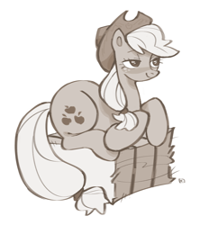 Size: 2658x3000 | Tagged: safe, artist:eunicidae, imported from derpibooru, applejack, earth pony, pony, bedroom eyes, cute, hat, hay bale, lying down, monochrome, plump, simple background, solo, white background
