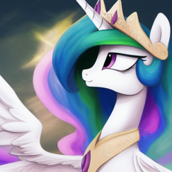 Size: 1024x1024 | Tagged: safe, imported from derpibooru, princess celestia, alicorn, pony, ai content, ai generated, beautiful, crown, cute, female, g4, generator:purplesmart.ai, generator:stable diffusion, jewelry, mare, regalia, slim, smiling, solo