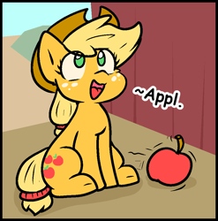 Size: 900x911 | Tagged: safe, artist:zutcha, imported from derpibooru, applejack, earth pony, pony, apple, appul, barn, cowboy hat, cute, dialogue, female, food, hat, jackabetes, mare, misspelling, no pupils, open mouth, open smile, sitting, smiling, solo, stetson, that pony sure does love apples