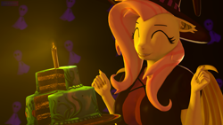 Size: 3840x2160 | Tagged: safe, artist:antonsfms, imported from derpibooru, fluttershy, anthro, bat pony, 3d, bat ponified, birthday cake, breasts, busty fluttershy, cake, candle, clothes, costume, cute, eyelashes, eyes closed, fangs, female, flutterbat, folded wings, food, grin, happy, hat, high, long nails, mlp fim's twelfth anniversary, one ear down, race swap, simple background, smiling, solo, source filmmaker, wings, witch costume, witch hat