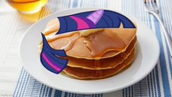 Size: 800x450 | Tagged: safe, imported from derpibooru, twilight sparkle, food, fork, horn, i'm pancake, mane, meme, pancakes, plate, syrup, table, tablecloth, twilight's mane