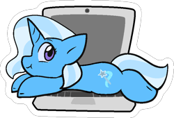 Size: 763x518 | Tagged: safe, artist:zutcha, imported from derpibooru, trixie, pony, unicorn, :t, behaving like a cat, computer, cute, diatrixes, female, inconvenient trixie, laptop computer, lying down, pony pet, prone, simple background, solo, sploot, transparent background