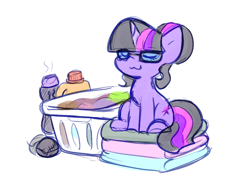 Size: 1106x799 | Tagged: safe, artist:zutcha, imported from derpibooru, sci-twi, twilight sparkle, pony, unicorn, equestria girls, :3, behaving like a cat, cute, equestria girls ponified, eyes closed, glasses, laundry, laundry basket, pony pet, simple background, sitting, solo, twiabetes, unicorn sci-twi, uwu, white background