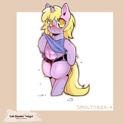 Size: 1200x1200 | Tagged: safe, artist:cold-blooded-twilight, imported from derpibooru, dinky hooves, semi-anthro, unicorn, abs, belly button, blushing, clothes, female, filly, foal, shorts, solo, sweat, tanktop