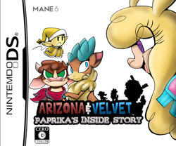 Size: 1500x1250 | Tagged: safe, artist:malachimoet, imported from derpibooru, alpaca, cow, deer, reindeer, winter sprite, them's fightin' herds, arizona (tfh), bandana, box art, cloven hooves, community related, doe, female, implied vore, mario & luigi, nintendo ds, no pupils, paprika (tfh), parody, simple background, velvet (tfh), white background