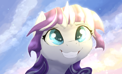 Size: 3000x1807 | Tagged: safe, artist:shaslan, imported from derpibooru, twilight velvet, pony, unicorn, bust, cloud, female, mare, portrait, sky, smiling, solo