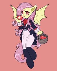 Size: 1602x2000 | Tagged: safe, artist:purring_cat, imported from derpibooru, fluttershy, anthro, bat pony, pegasus, apple, bat ponified, cute, female, flutterbat, food, mare, pink hair, race swap, red eyes, solo, spread wings, wings