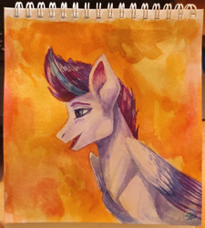 Size: 1920x2130 | Tagged: safe, artist:afialtis, artist:afialtisdragon, imported from derpibooru, zipp storm, pegasus, pony, bust, female, g5, mare, orange background, portrait, profile, simple background, smiling, solo, traditional art, watercolor painting