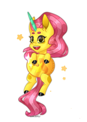 Size: 1067x1488 | Tagged: safe, artist:aakariu, imported from derpibooru, oc, unicorn, chibi, coin, digital art, fanart, not fluttershy, pink hair, simple background, solo, stars, white background