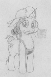 Size: 1357x2064 | Tagged: safe, artist:wapamario63, imported from ponybooru, fresh coat, pony, unicorn, cap, clothes, cute, female, hat, looking at you, mare, monochrome, paintbrush, sketch, solo, traditional art