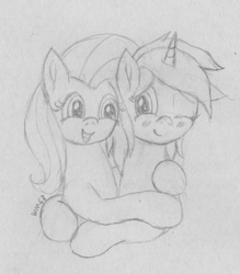 Size: 1609x1840 | Tagged: safe, artist:wapamario63, imported from ponybooru, fluttershy, oc, oc:wapa viddter, pegasus, pony, unicorn, blushing, cute, duo, female, happy, hug, looking at each other, mare, monochrome, one eye closed, open mouth, sketch, traditional art