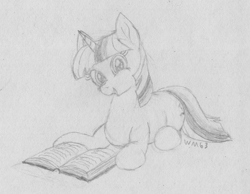 Size: 2211x1720 | Tagged: safe, artist:wapamario63, imported from ponybooru, twilight sparkle, pony, unicorn, book, female, happy, looking at you, lying down, mare, monochrome, sketch, solo, traditional art, unicorn twilight