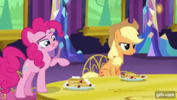 Size: 640x360 | Tagged: safe, imported from derpibooru, screencap, applejack, pinkie pie, earth pony, pony, castle sweet castle, season 5, animated, applejack's hat, cowboy hat, duo, duo female, female, food, gif, gifs.com, hat, mare, pancakes, pinkie being pinkie