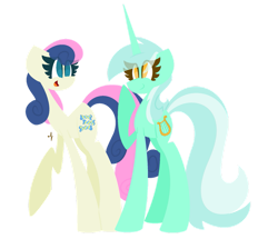 Size: 963x830 | Tagged: safe, artist:scridley-arts, imported from derpibooru, bon bon, lyra heartstrings, sweetie drops, earth pony, pony, unicorn, duo, female, lesbian, looking at each other, looking at someone, lyrabon, mare, open mouth, raised hoof, shipping, simple background, smiling, transparent background