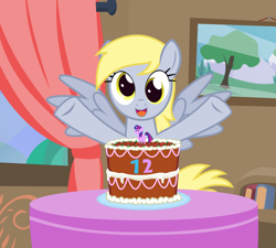 Size: 1000x900 | Tagged: safe, artist:the smiling pony, imported from derpibooru, derpy hooves, pegasus, pony, .svg available, cake, food, happy, looking at you, mlp fim's twelfth anniversary, open mouth, open smile, pointy ponies, smiling, solo, svg, vector