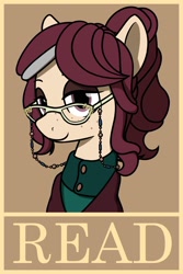 Size: 1100x1650 | Tagged: artist needed, safe, imported from ponybooru, earth pony, pony, bust, clothes, eyeshadow, female, freckles, glasses, librarian, lidded eyes, looking at you, makeup, mare, smiling, solo, sweater, turtleneck