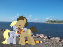 Size: 2048x1536 | Tagged: safe, imported from derpibooru, derpy hooves, doctor whooves, time turner, earth pony, pegasus, pony, background pony, bismarck, clothes, doctorderpy, eyes closed, female, folded wings, hug, irl, male, mare, north dakota, photo, ponies in real life, scarf, shipping, smiling, stallion, straight, wings
