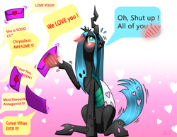 Size: 1954x1507 | Tagged: safe, artist:questionmarkdragon, imported from derpibooru, queen chrysalis, changeling, changeling queen, 2022, blushing, embarrassed, female, floppy ears, hoof hold, letter, sitting, solo, tsundalis, tsundere