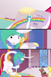 Size: 1600x2400 | Tagged: safe, artist:parallel black, imported from derpibooru, princess celestia, oc, oc:sparkfree, original species, series:celly sunday, ascended changeling, canterlot throne room, comic, dialogue, digital art, flyer, leaning forward, long neck, misspelling, necc, princess necklestia, sitting, summer sun celebration, throne, throne room