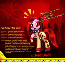 Size: 2340x2234 | Tagged: safe, artist:questionmarkdragon, imported from derpibooru, oc, oc only, oc:red arrow, earth pony, pony, robot, robot pony, :d, clothes, earth pony oc, missile, open mouth, open smile, red eyes, reference sheet, smiling, solo
