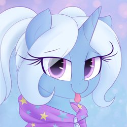 Size: 2000x2000 | Tagged: safe, artist:illusion, imported from derpibooru, trixie, pony, unicorn, :p, abstract background, alternate hairstyle, babysitter trixie, bust, clothes, cute, diatrixes, eye clipping through hair, female, gameloft interpretation, hoodie, lidded eyes, looking at you, mare, portrait, solo, tongue out