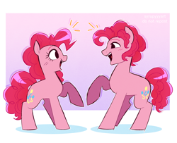 Size: 2500x2030 | Tagged: safe, artist:syrupyyy, imported from derpibooru, pinkie pie, earth pony, pony, adoraberry, bubble berry, cute, diapinkes, duality, duo, emanata, female, g4, looking at each other, looking at someone, male, mare, open mouth, open smile, ponytober, r63 paradox, raised hoof, rule 63, self paradox, self ponidox, smiling, stallion