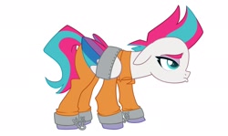 Size: 2400x1433 | Tagged: safe, artist:mlpneondromeda, artist:neondromeda, imported from derpibooru, zipp storm, pegasus, pony, bound wings, clothes, cuffs, g5, jumpsuit, never doubt rainbowdash69's involvement, prison outfit, prisoner, shackles, simple background, solo, white background, wing cuffs, wings