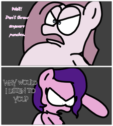 Size: 1275x1414 | Tagged: safe, artist:professorventurer, imported from derpibooru, pinkie pie, pipp petals, earth pony, pegasus, pony, series:ask pippamena, 2 panel comic, comic, creepypasta, g5, gray background, pinkamena diane pie, pippamena, simple background