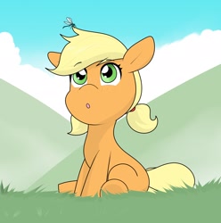 Size: 2022x2042 | Tagged: safe, artist:cyanrobo, imported from derpibooru, applejack, dragonfly, earth pony, insect, pony, female, filly, filly applejack, foal, looking up, sailor moon, sitting, solo, younger