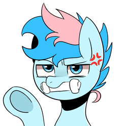 Size: 1873x1849 | Tagged: safe, artist:maren, imported from derpibooru, oc, oc only, oc:blue chewings, earth pony, pony, 2014, angry, bone, bust, chew toy, cross-popping veins, emanata, old art, portrait, raised hoof, reaction image, simple background, solo, underhoof, white background