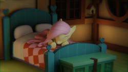 Size: 3840x2160 | Tagged: safe, artist:the luna fan, derpibooru exclusive, imported from derpibooru, fluttershy, pegasus, pony, 3d, bed, bird house, blender, blender cycles, chest, eyes closed, fluttershy's cottage, high res, mlp fim's twelfth anniversary, night, pillow, sleeping, window