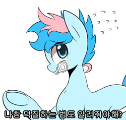 Size: 2100x2000 | Tagged: safe, artist:maren, imported from derpibooru, oc, oc only, oc:blue chewings, earth pony, pony, 2014, bone, chew toy, eye clipping through hair, high res, korean, old art, raised hoof, reaction image, simple background, solo, translated in the comments, underhoof, white background