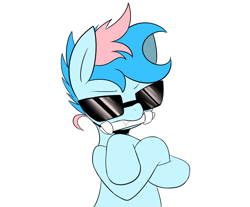 Size: 1200x993 | Tagged: safe, artist:maren, imported from derpibooru, oc, oc only, oc:blue chewings, earth pony, pony, 2014, bipedal, bust, chew toy, crossed hooves, old art, simple background, solo, sunglasses, white background