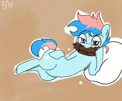 Size: 600x500 | Tagged: artist needed, safe, imported from derpibooru, oc, oc only, oc:blue chewings, earth pony, pony, bit, collar, looking at you, lying down, on side, pillow, simple background, solo, sultry pose, tack