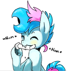Size: 443x474 | Tagged: safe, artist:maren, imported from derpibooru, oc, oc only, oc:blue chewings, earth pony, pony, 2014, bust, chew toy, drool, eyes closed, nom, oekaki, old art, simple background, solo, white background