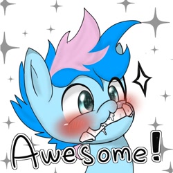 Size: 980x980 | Tagged: safe, artist:doubt, imported from derpibooru, oc, oc only, oc:blue chewings, earth pony, pony, awesome, blushing, bust, chew toy, portrait, reaction image, simple background, solo, sparkles, text, white background