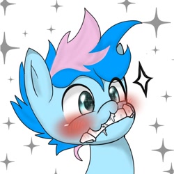 Size: 980x980 | Tagged: safe, artist:doubt, imported from derpibooru, oc, oc only, oc:blue chewings, earth pony, pony, blushing, bust, chew toy, portrait, simple background, solo, sparkles, text, white background