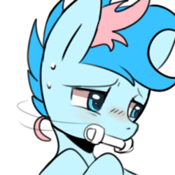 Size: 600x600 | Tagged: safe, artist:maren, imported from derpibooru, oc, oc only, oc:blue chewings, earth pony, pony, 2015, bust, chew toy, icon, looking away, old art, reaction image, shy, simple background, solo, sweat, sweatdrop, white background