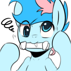 Size: 600x595 | Tagged: safe, artist:maren, imported from derpibooru, oc, oc only, oc:blue chewings, earth pony, pony, 2015, bipedal, bust, chew toy, derp, eye clipping through hair, old art, simple background, solo, white background