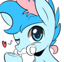 Size: 800x778 | Tagged: safe, artist:maren, imported from derpibooru, oc, oc only, oc:blue chewings, earth pony, pony, 2015, bust, chew toy, heart, male, old art, one eye closed, portrait, simple background, solo, white background, wink