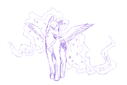 Size: 1800x1200 | Tagged: safe, artist:jmocha0701, imported from derpibooru, nightmare moon, alicorn, pony, fangs, grumpy, looking sideways, simple background, sketch, solo, spread wings, white background, wings